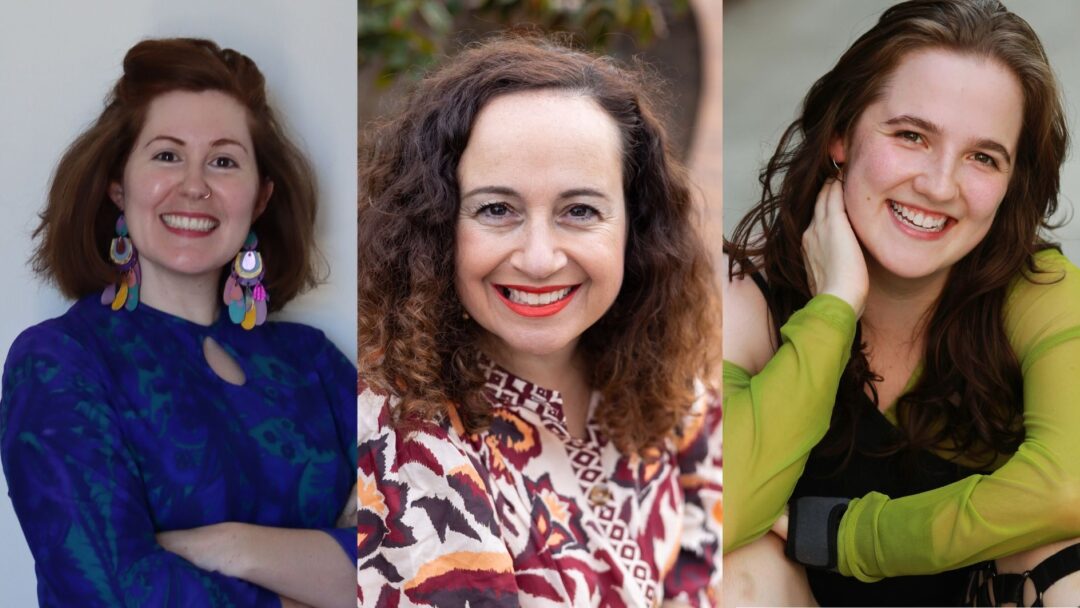 A stitched together image of three people. Image one: a white woman with short hair and a blue shirt. Image two: A white woman with curly brown hair and brown eyes is smiling. They are wearing red lipstick and a patterned top with maroon, orange, and cream geometric shapes. The background is softly blurred, with greenery and terracotta bricks faintly visible. The lighting is bright and even, highlighting the person's face. Image three: A person with long wavy brown hair and hazel eyes smiles at the camera. They are wearing a sheer green long-sleeve top. Their head tilts slightly as their hand rests against her neck. The background is softly blurred, bringing the focus to their face.