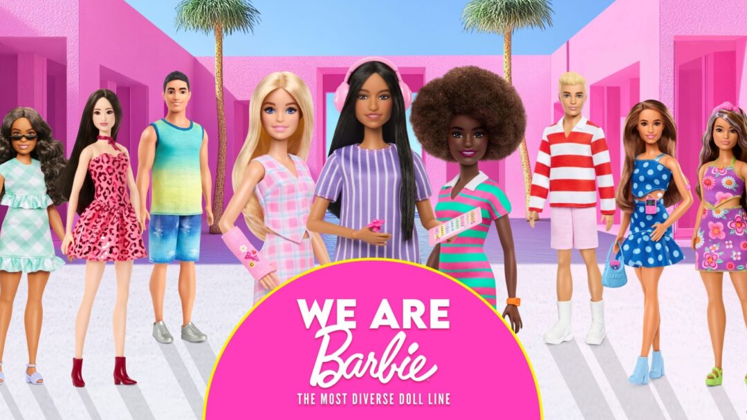 Barbies diversity doll line, showing three centred barbie dolls and three off to each side.