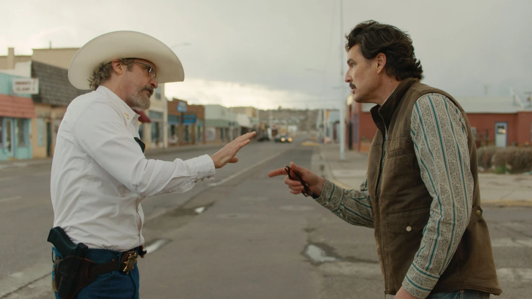 Joaquin Phoenix as Joe Cross and Pedro Pascal as Ted Garcia on the set of Eddington