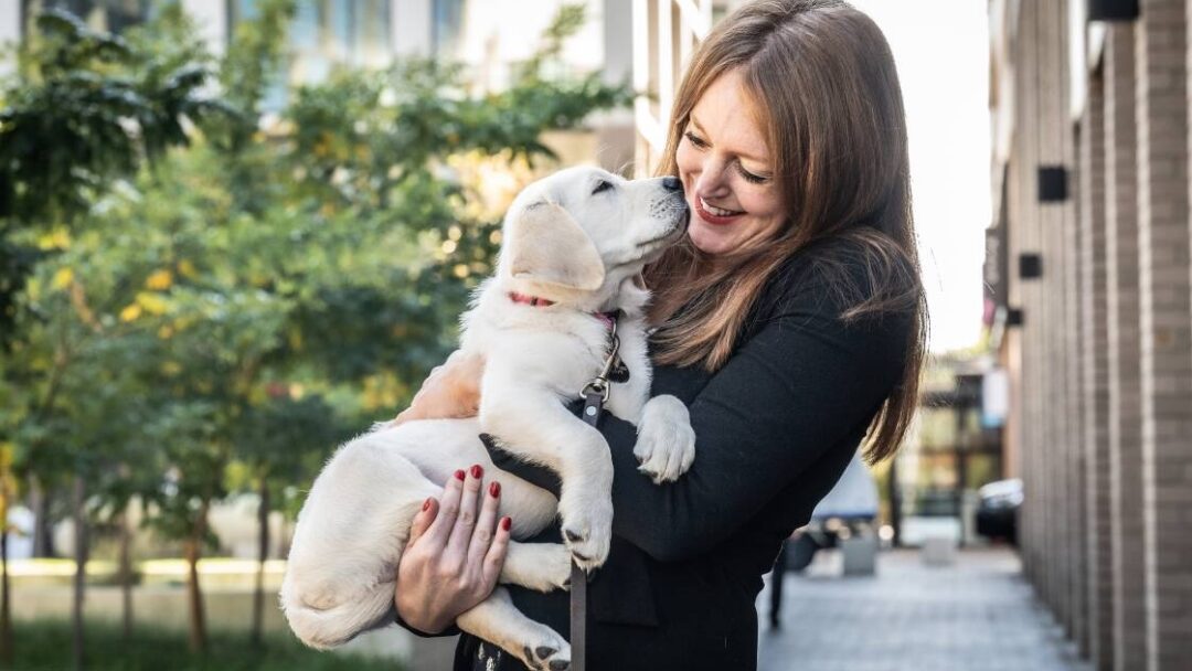 A woman holding a guide dog puppy