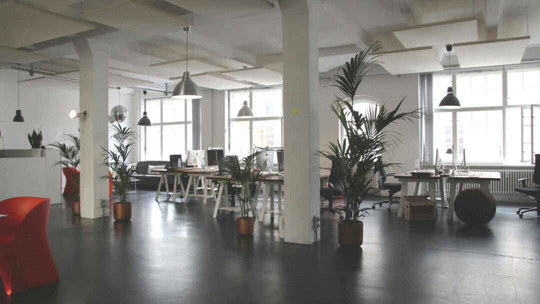 An open plan office space with pillars and pot plants.