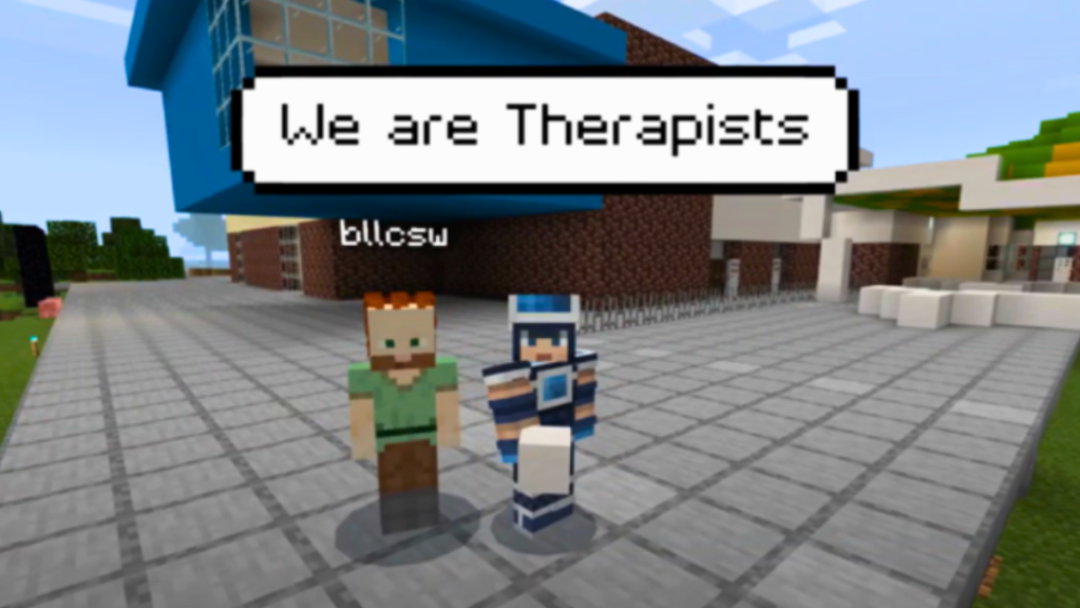 A screenshot of minecraft with the words "we are therapists" over the top of the characters