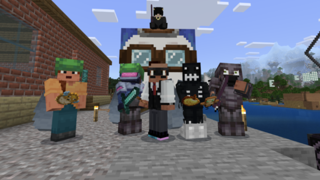 Five characters standing in the minecraft world