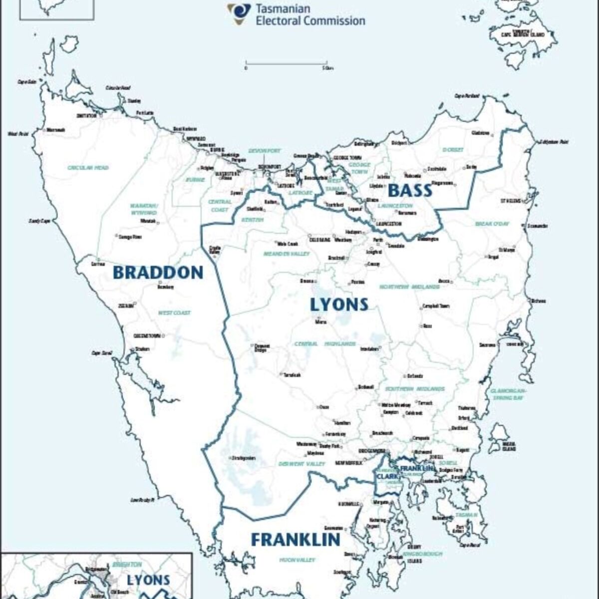 Outline map of Tasmania showing state electorate boundaries (House of Assembly).